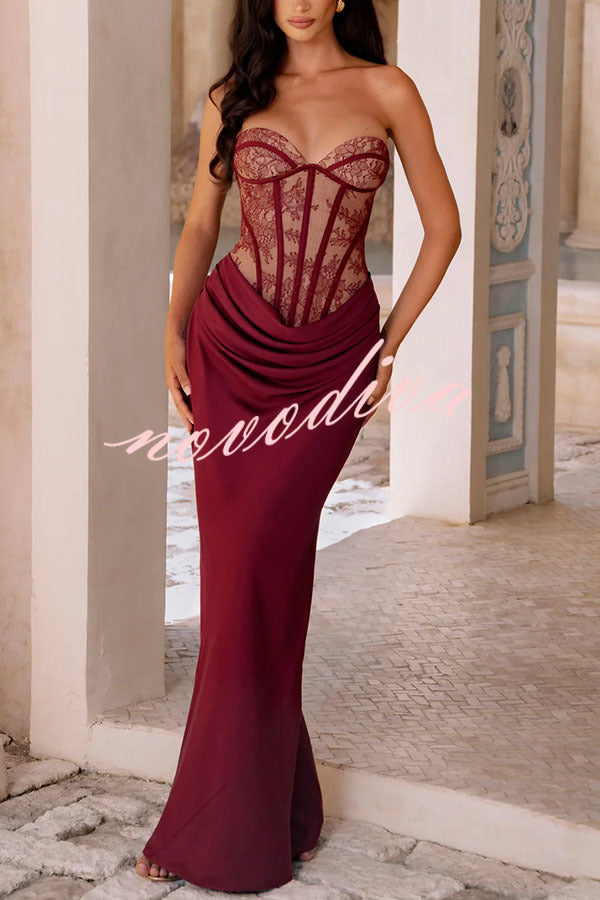 Vestido largo Kathleen palabra de honor de encaje floral con detalle estructurado en contraste, lazada en la espalda y bajo de satén