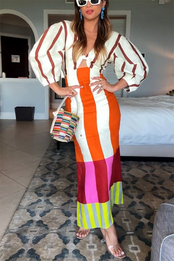 Vestido largo Kaya de mezcla de lino con estampado de bloques de color, abertura delantera con nudo y manga abullonada