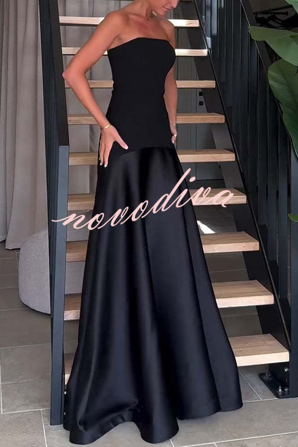 Vestido largo de gala palabra de honor de satén con paneles y vuelo, elegancia atemporal