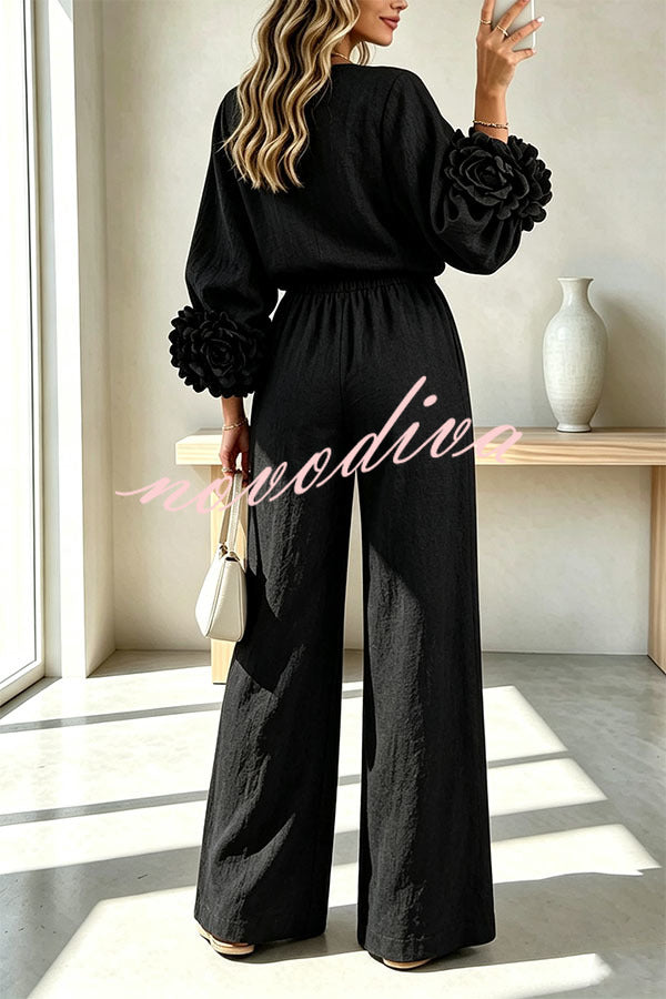 Conjunto de mezcla de lino de blusa con puños florales y pantalón con cintura elástica y bolsillos