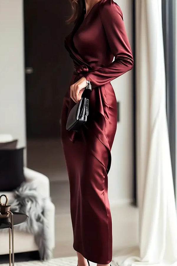 Vestido midi ajustado de satén en color liso con escote en V, manga larga y lazada en la cintura