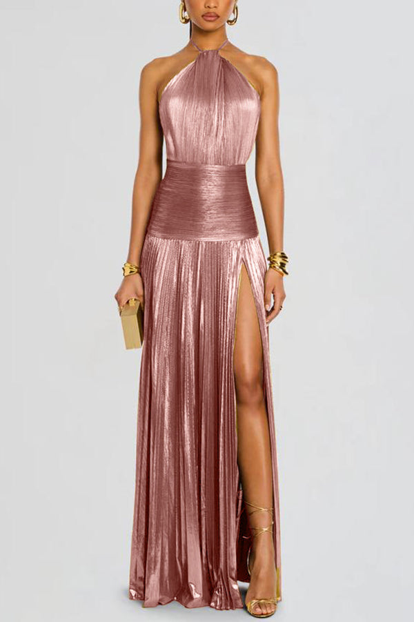 Vestido largo Glamuroso de tejido metalizado plisado con cuello halter, espalda abierta y abertura