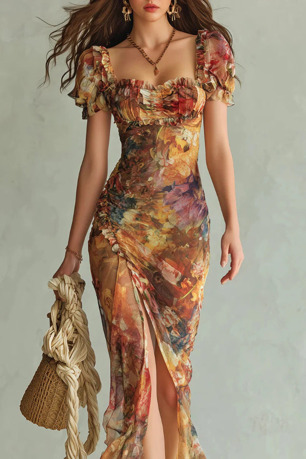 Vestido largo elegante con estampado floral, manga corta, escote cuadrado, volantes y abertura