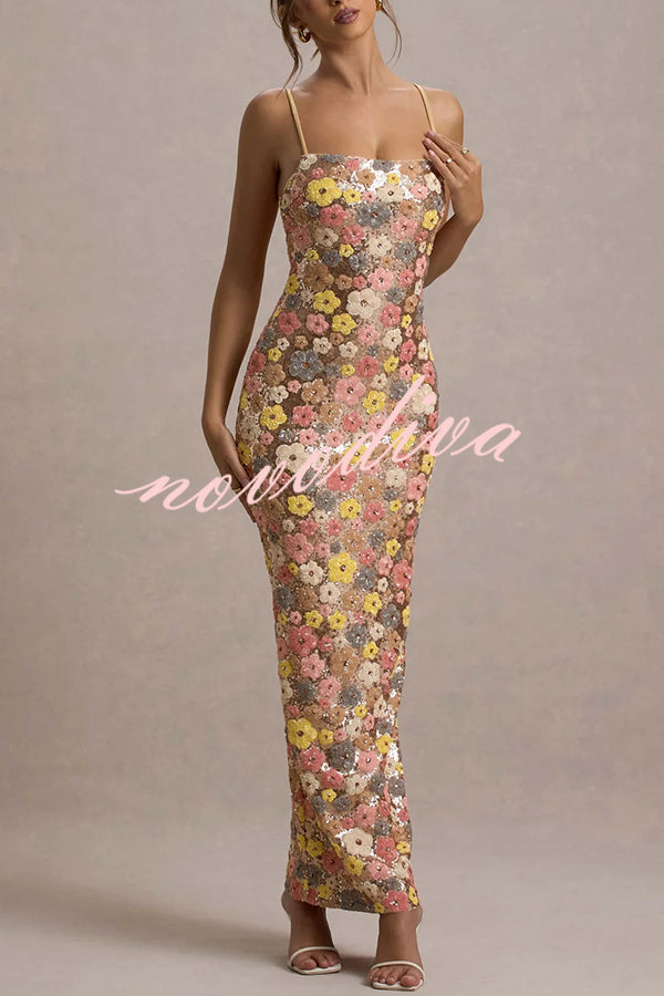 Vestido largo elástico de tirantes con lentejuelas, estampado floral inspiración años 80 y escote cuadrado