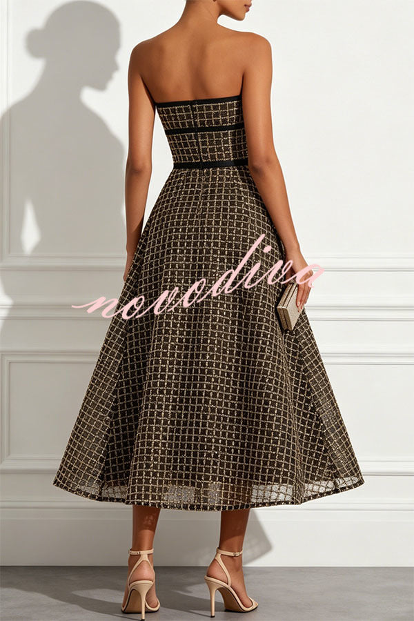 Vestido midi evasé palabra de honor de cuadros y lentejuelas con detalle de lazo