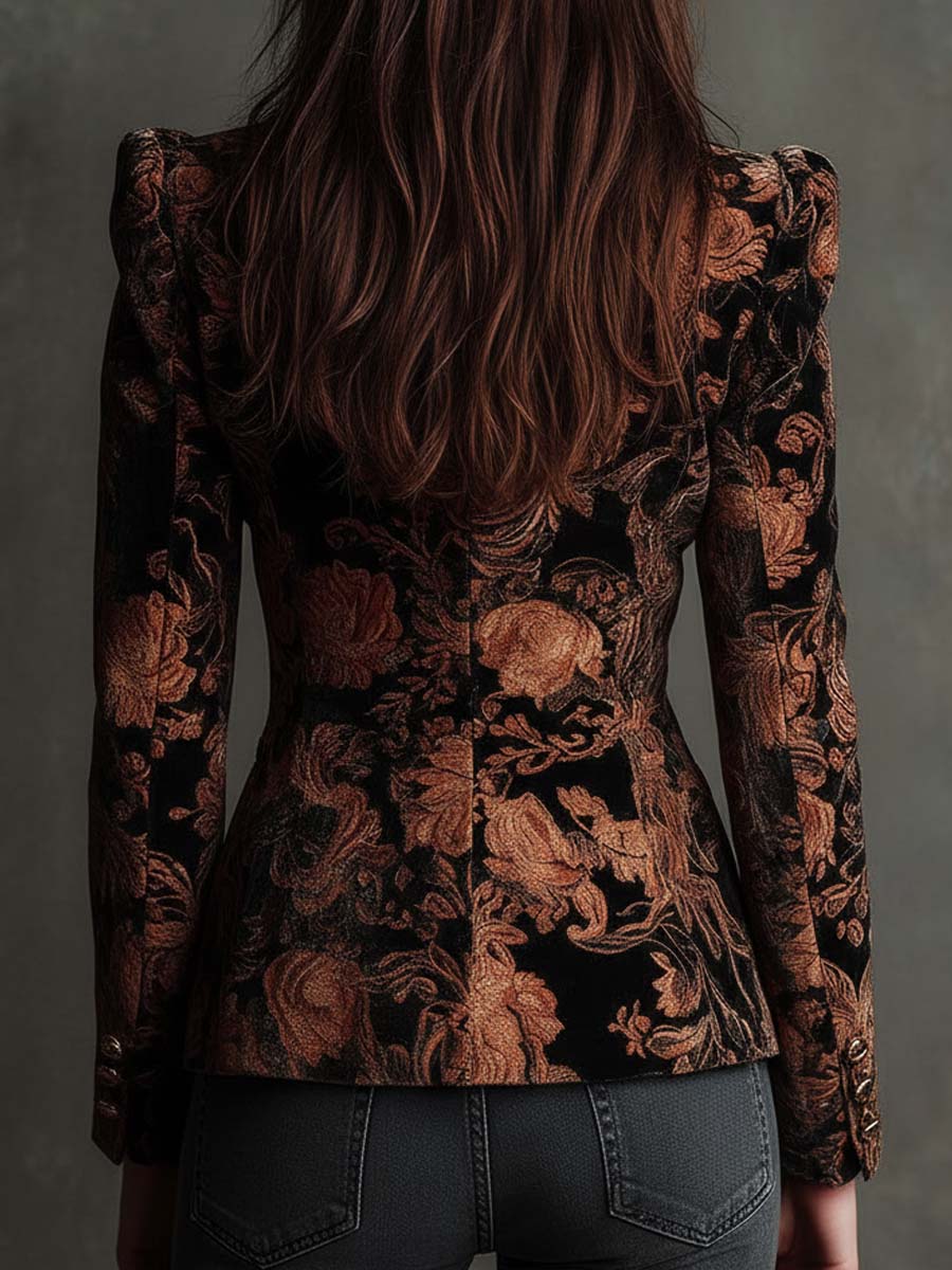 Bertila | Blazer de Vestir Estampado Floral Negro y Bronce