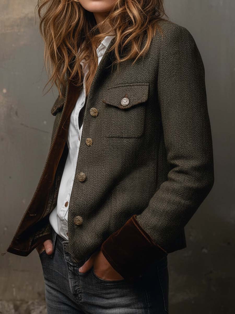 Blazer Vintage de Espiga con Ribete de Contraste para Mujer