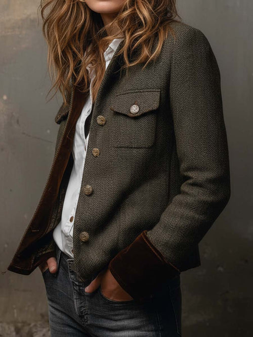 Blazer Vintage de Espiga con Ribete de Contraste para Mujer