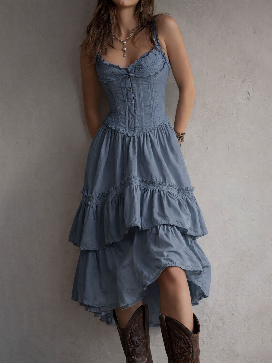 Vestido Midi Bohemio Retro de Corsé por Capas con Ribete de Encaje