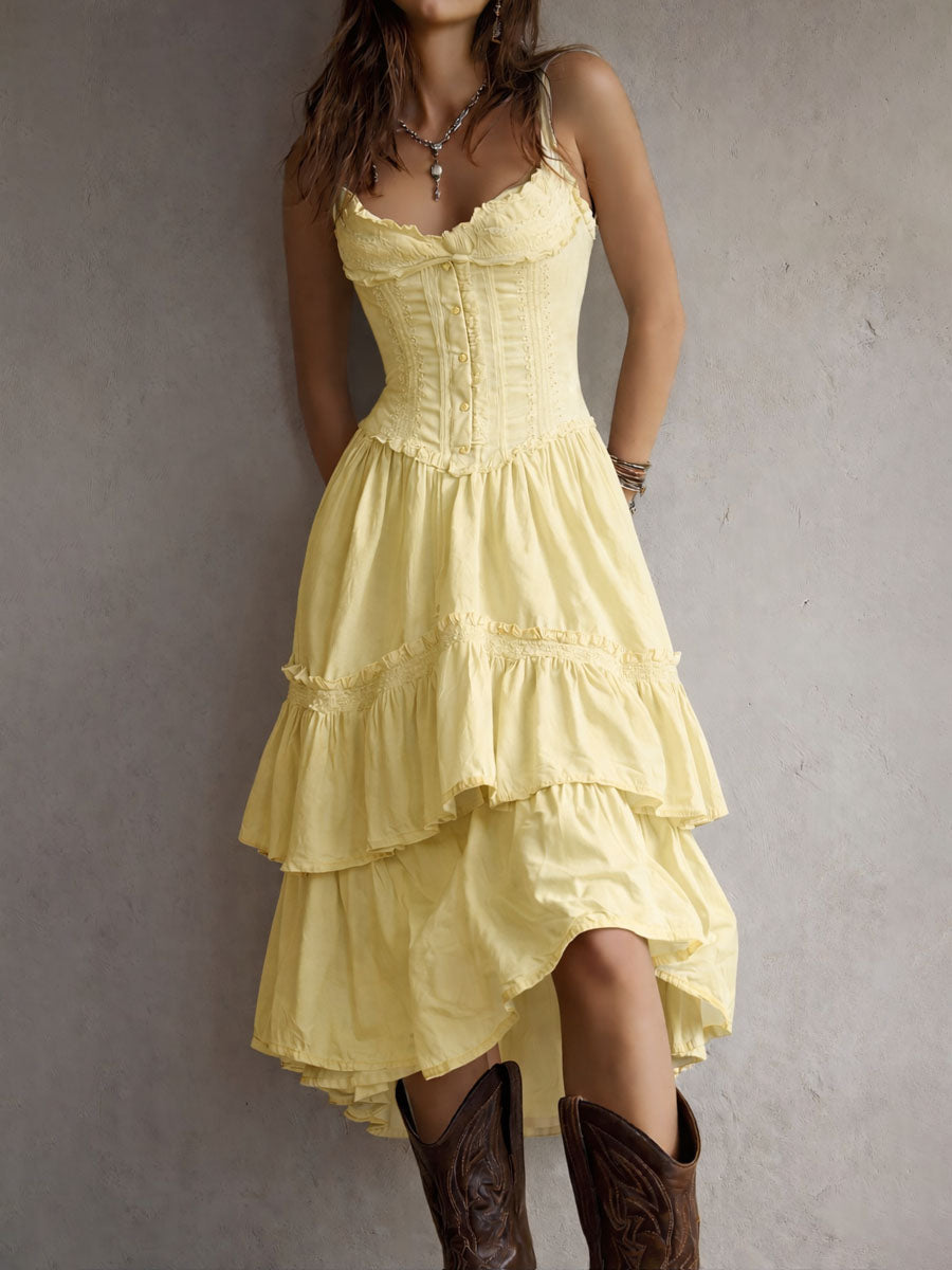 Vestido Midi Bohemio Retro de Corsé por Capas con Ribete de Encaje