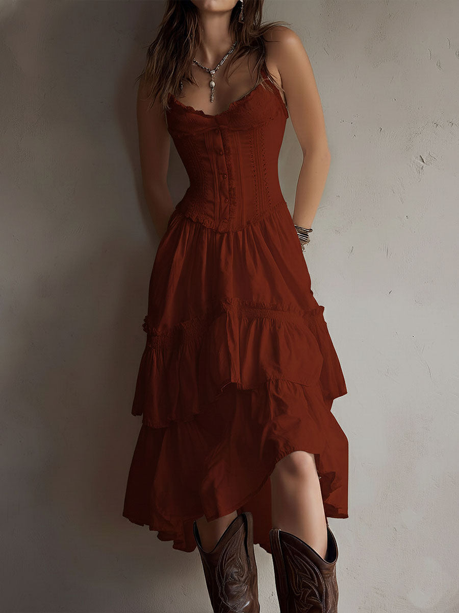 Vestido Midi Bohemio Retro de Corsé por Capas con Ribete de Encaje