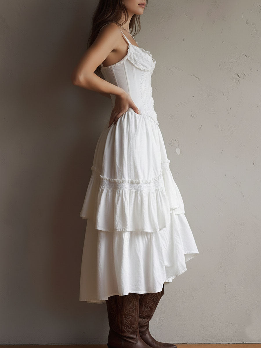 Vestido Midi Bohemio Retro de Corsé por Capas con Ribete de Encaje