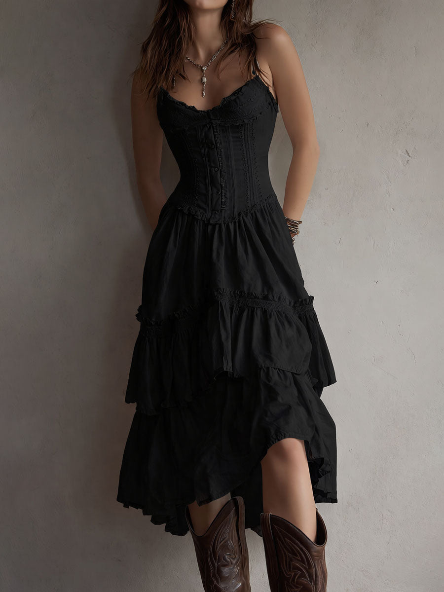 Vestido Midi Bohemio Retro de Corsé por Capas con Ribete de Encaje