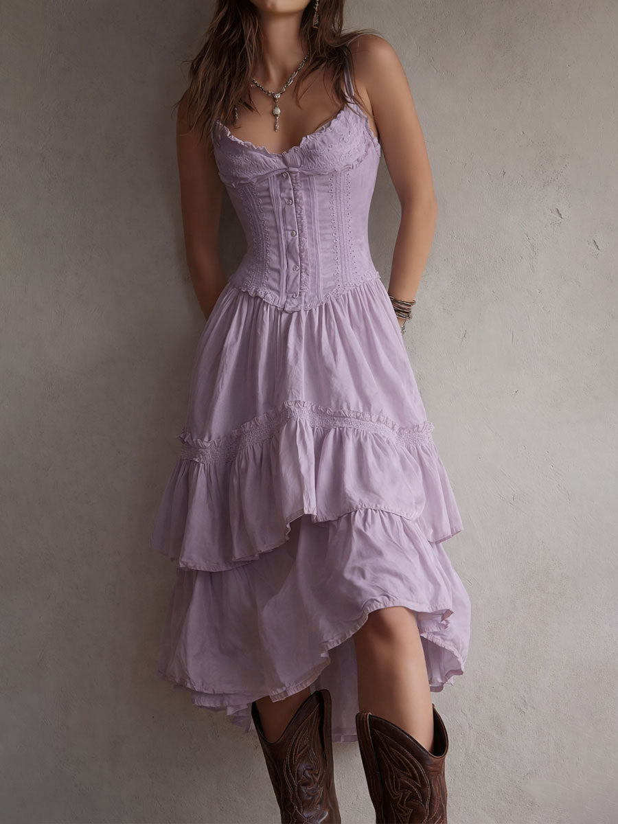 Vestido Midi Bohemio Retro de Corsé por Capas con Ribete de Encaje