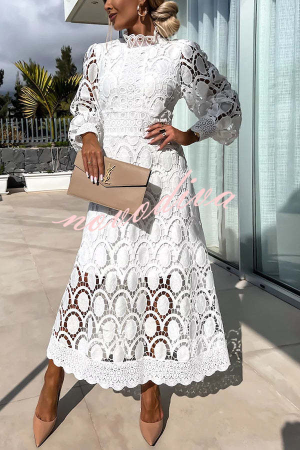 Vestido midi de fiesta Romántico, Sensual y Elegante de encaje de ganchillo con manga farol