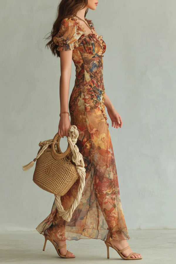 Vestido largo elegante con estampado floral, manga corta, escote cuadrado, volantes y abertura