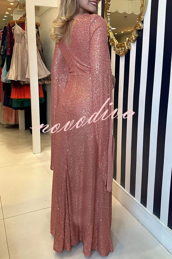 Vestido largo de noche Brilla Más de lentejuelas con manga capa y cintura cruzada