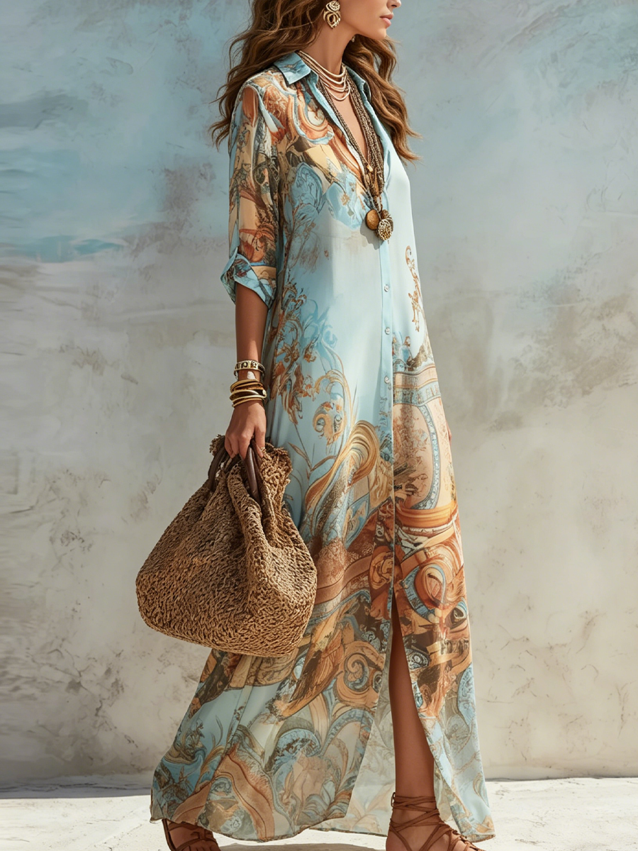 Vestido Largo de Gasa Azul con Estampado Floral de Estilo Barroco