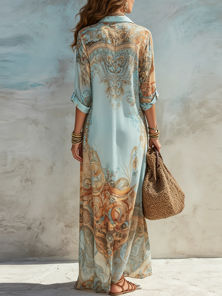 Vestido Largo de Gasa Azul con Estampado Floral de Estilo Barroco