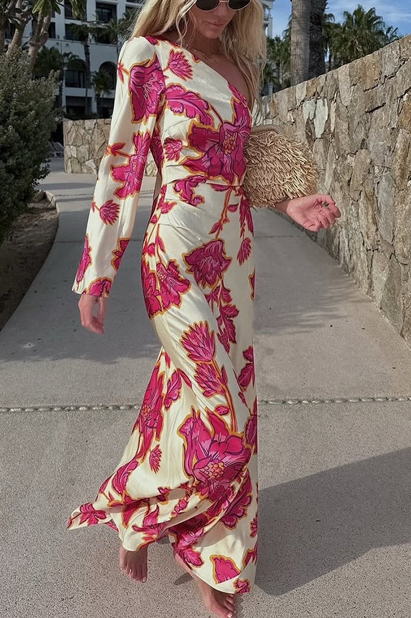 Vestido largo acampanado Rhia de satén con estampado floral asimétrico de un hombro