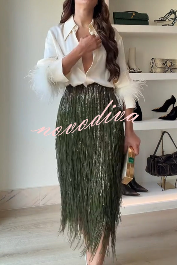 Falda midi Reina de la Fiesta con flecos de lentejuelas en capas, talle alto y cremallera trasera
