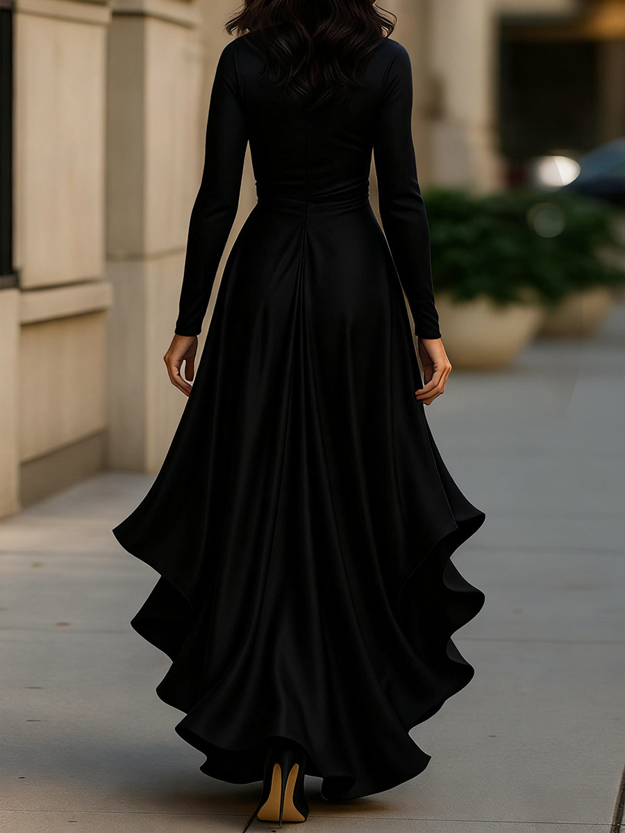 Palma | Vestido largo de satén drapeado con detalles de volantes