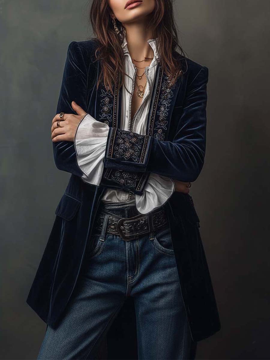 Atenea | Chaqueta Larga Bordada Vintage Azul Marino