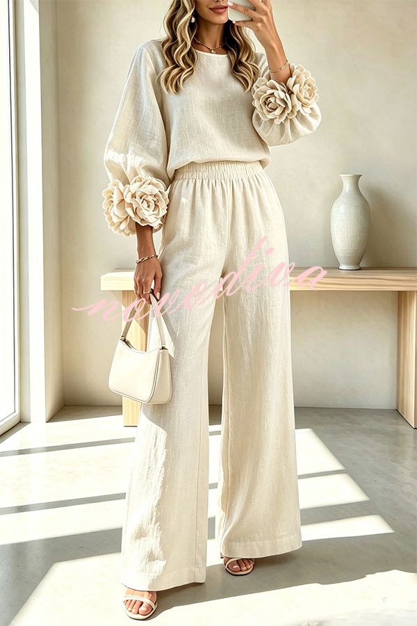 Conjunto de mezcla de lino de blusa con puños florales y pantalón con cintura elástica y bolsillos