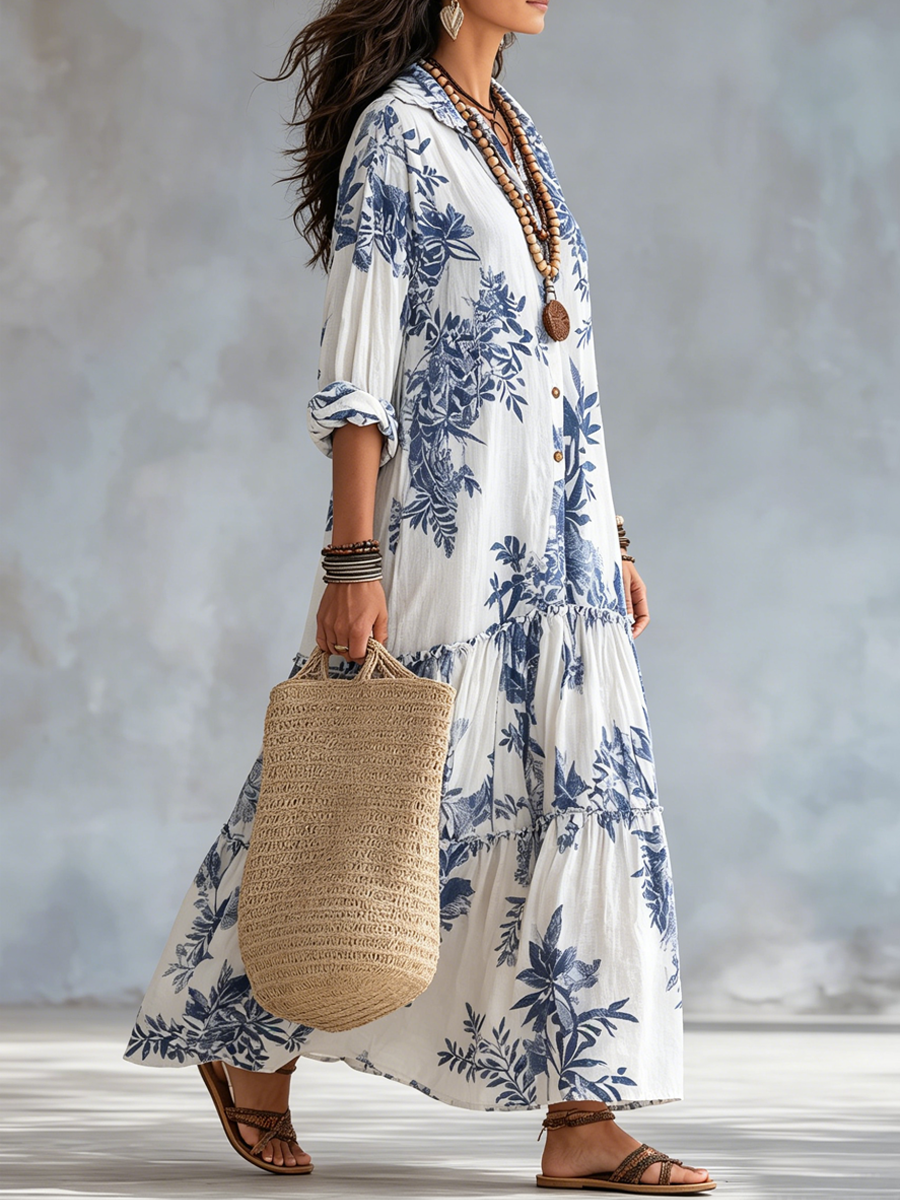 Vestido largo bohemio con botones y estampado floral azul