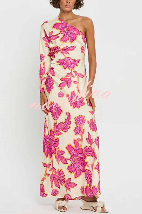 Vestido largo acampanado Rhia de satén con estampado floral asimétrico de un hombro