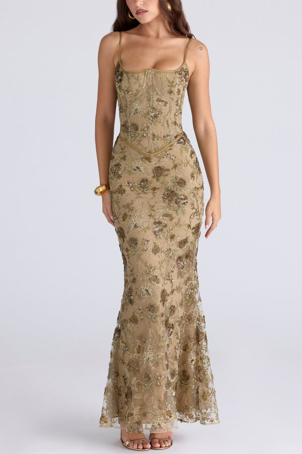 Vestido largo elegante y ajustado con cuello halter, sin mangas, espalda descubierta y lazada