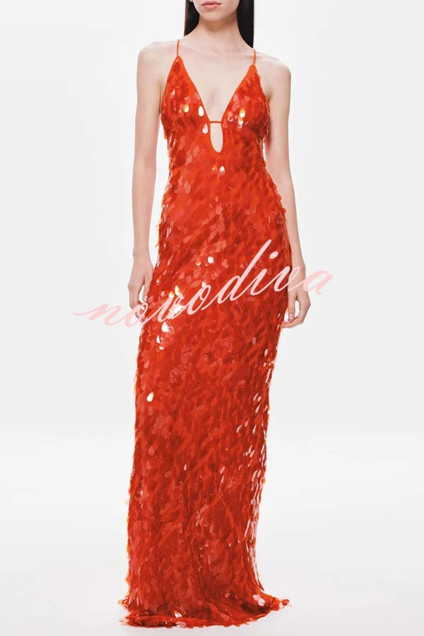 Vestido largo lencero Belleza Renovada de lentejuelas de escamas con escote en U y aberturas