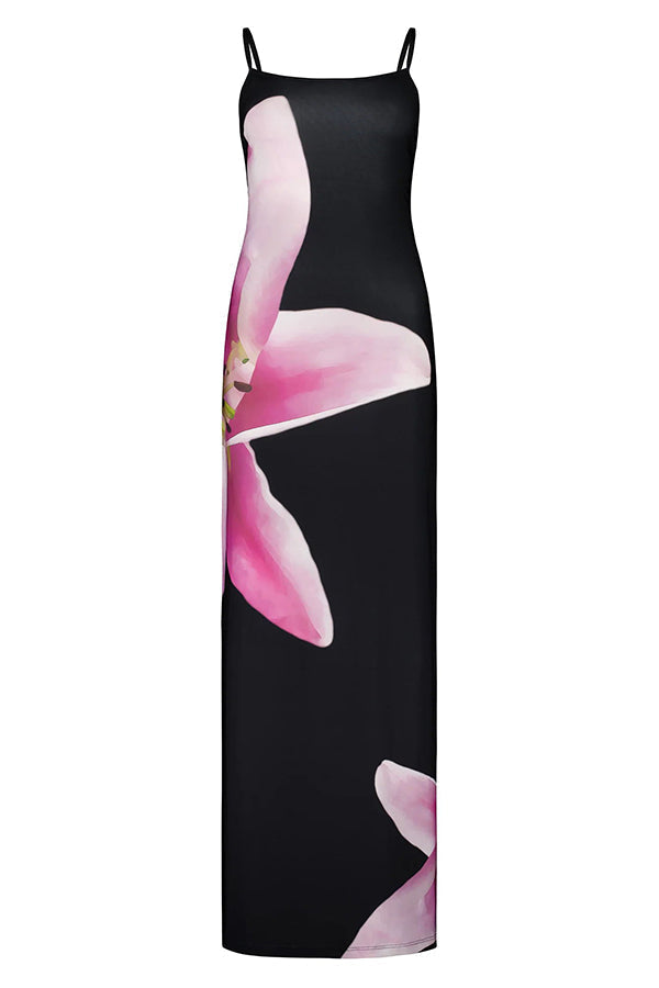 Vestido largo lencero elástico Comienzos Románticos con estampado de lirios, ideal para vacaciones