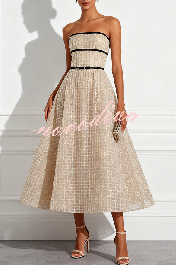 Vestido midi evasé palabra de honor de cuadros y lentejuelas con detalle de lazo