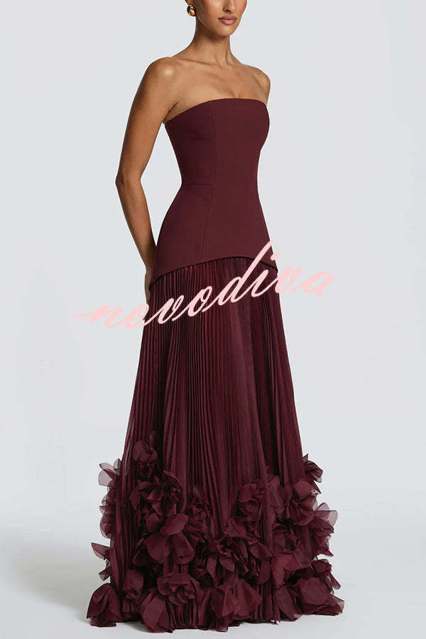 Vestido largo de gala Serafina palabra de honor con apliques florales hechos a mano, bajo plisado y lazada en la espalda