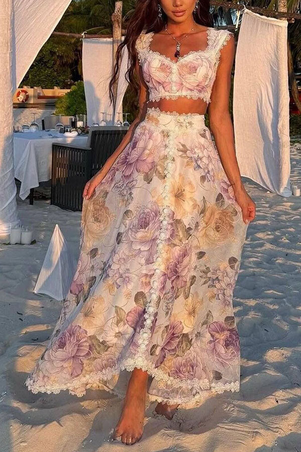 Conjunto Romántico y Bonito de top de tirantes con estampado floral, ribete de encaje y escote corazón y falda larga de talle alto