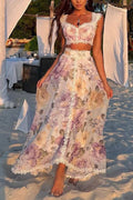 Conjunto Romántico y Bonito de top de tirantes con estampado floral, ribete de encaje y escote corazón y falda larga de talle alto
