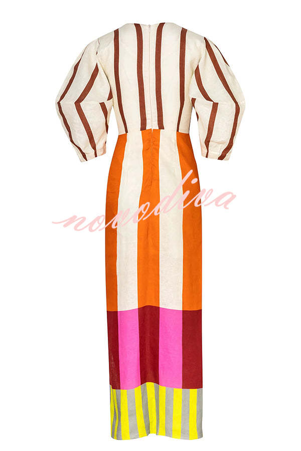 Vestido largo Kaya de mezcla de lino con estampado de bloques de color, abertura delantera con nudo y manga abullonada