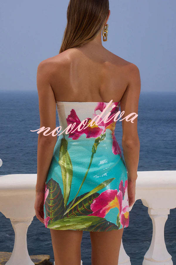 Minivestido elástico palabra de honor Beach Club de lentejuelas con estampado exclusivo