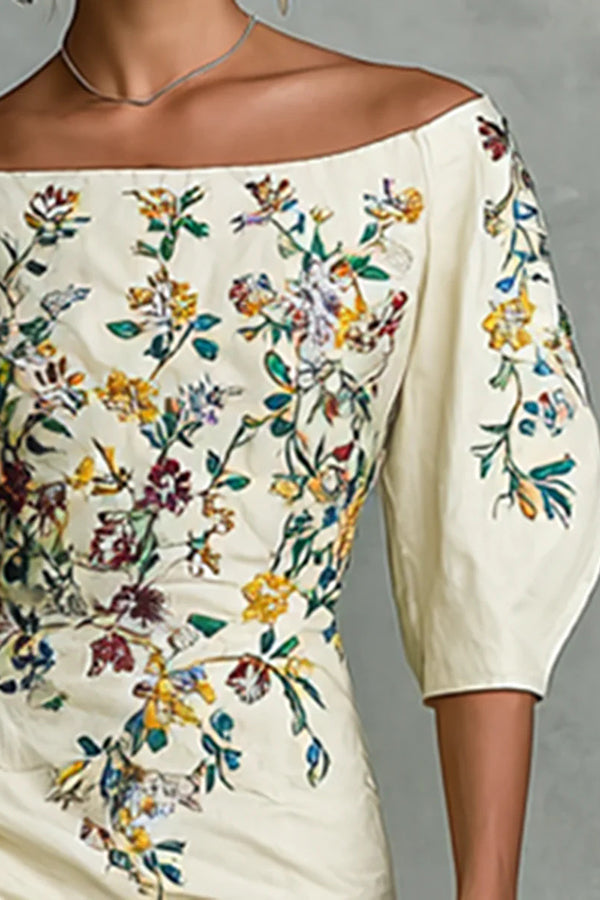 Vestido midi ajustado con estampado floral, hombros descubiertos y manga abullonada