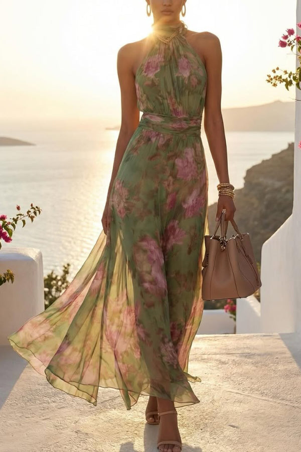 Vestido largo casual de vacaciones con estampado floral, cuello halter, sin mangas y cintura entallada