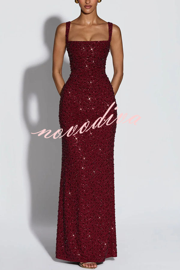Vestido largo Calanthe de gasa con lentejuelas, fruncido, escote cuadrado y lazada en la espalda