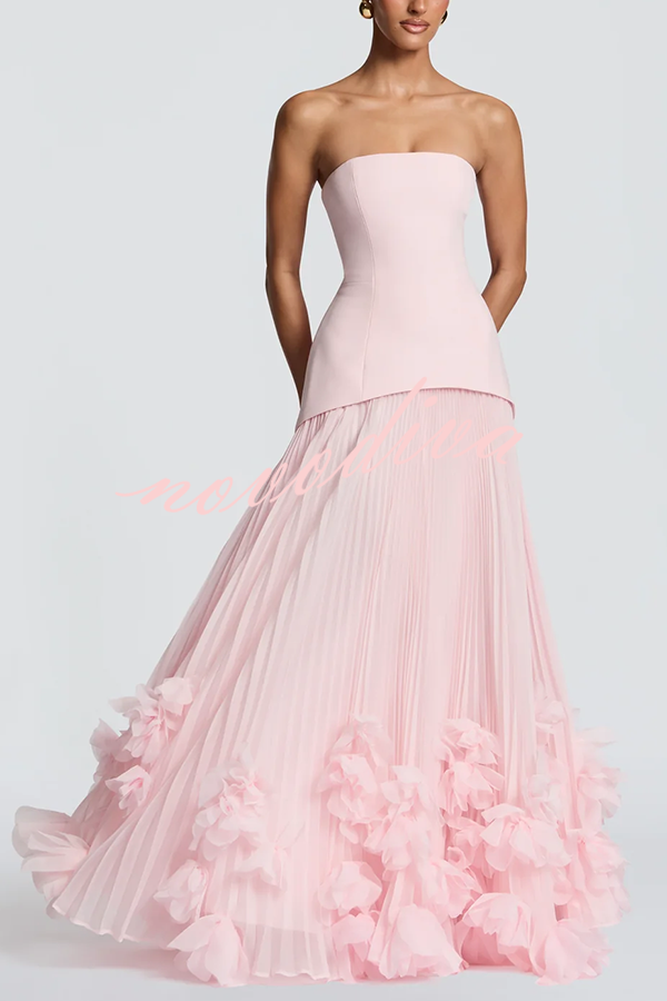 Vestido largo de gala Serafina palabra de honor con apliques florales hechos a mano, bajo plisado y lazada en la espalda
