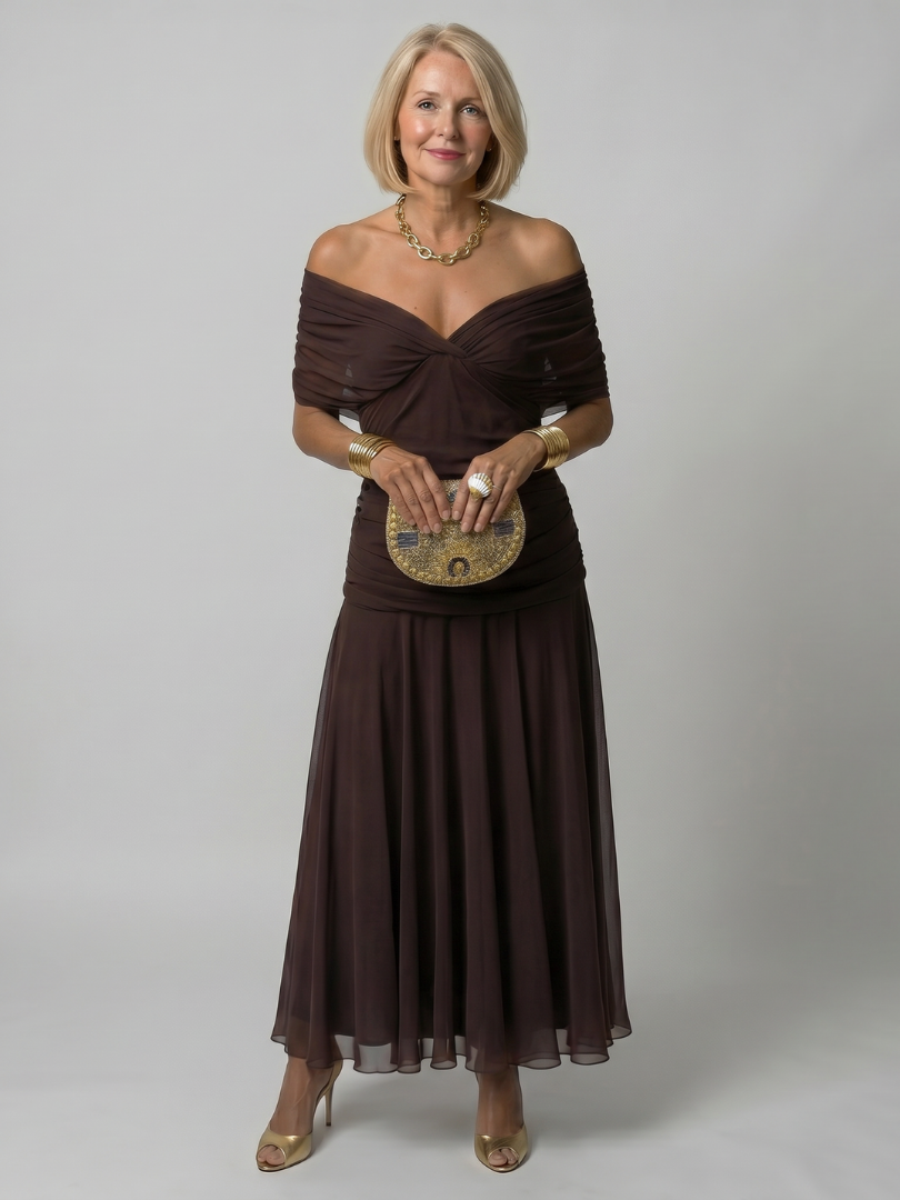 Calen | Vestido Midi Fluido con Hombros Descubiertos