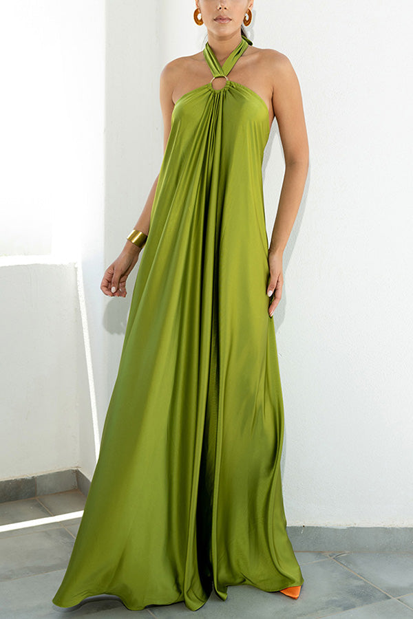 Vestido largo de fiesta/vacaciones Classy and Fabulous de satén con cuello halter y espalda descubierta