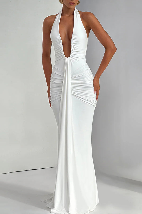Vestido largo elegante de color liso con cuello halter, escote en V, espalda abierta y fruncido anudado