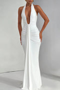 Vestido largo elegante de color liso con cuello halter, escote en V, espalda abierta y fruncido anudado