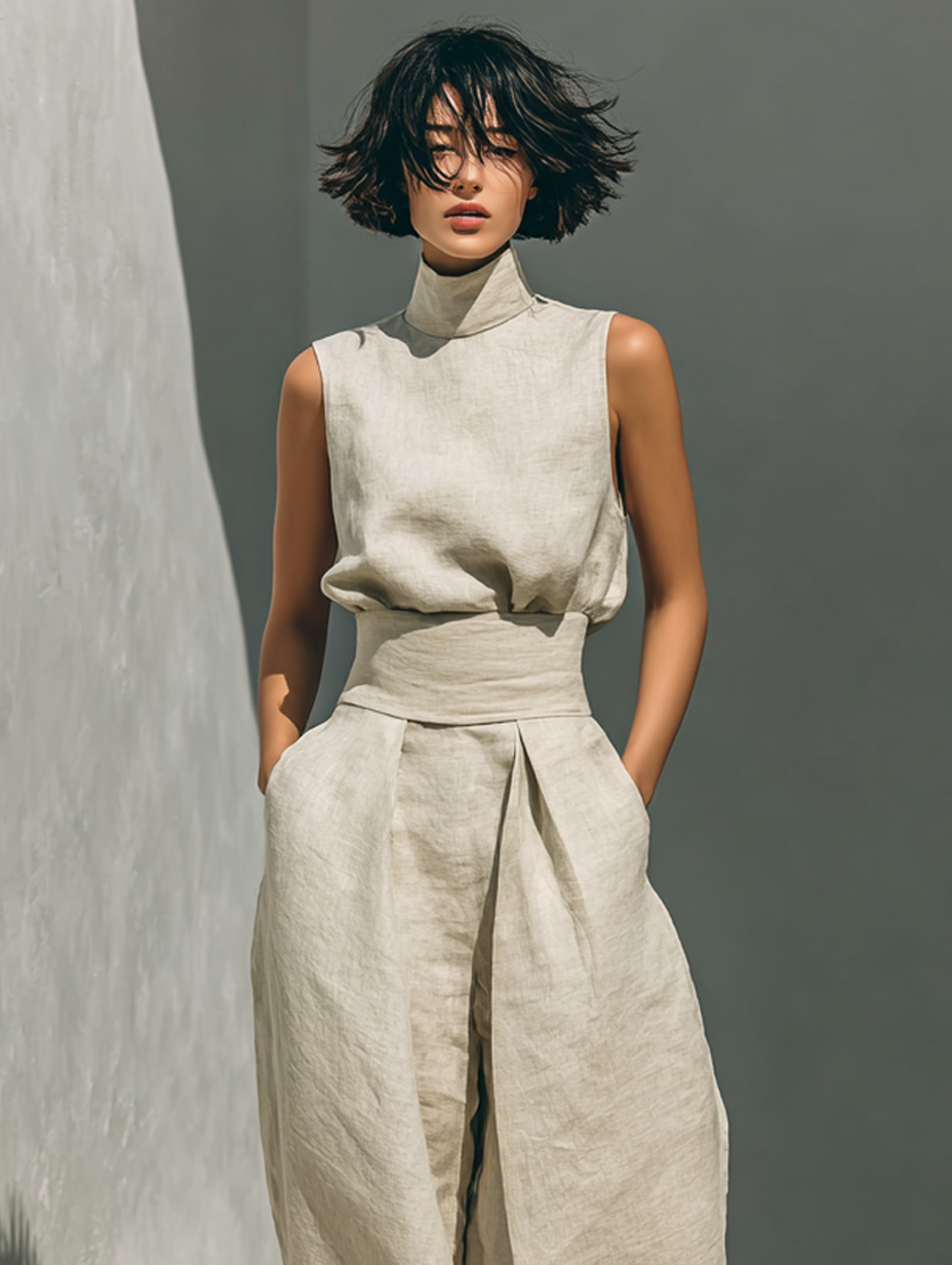 Conjunto Minimalista para Mujer con Blusa Sin Mangas y Pantalón de Pierna Ancha