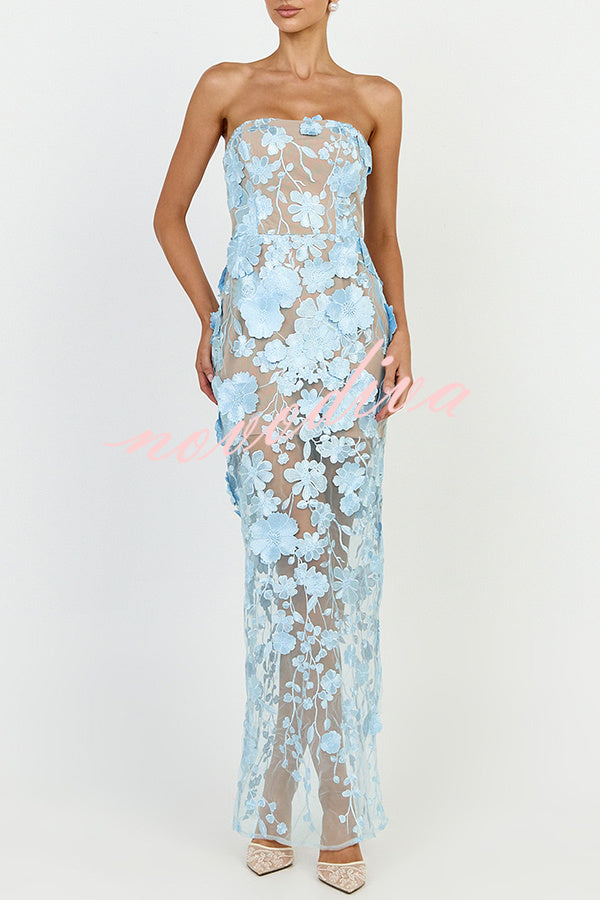 Vestido largo Sienna de tejido con bordado floral, hombros descubiertos, silueta sirena y abertura
