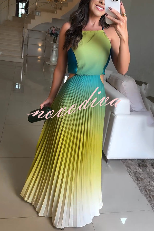 Vestido largo elegante plisado degradado con espalda descubierta y lazada